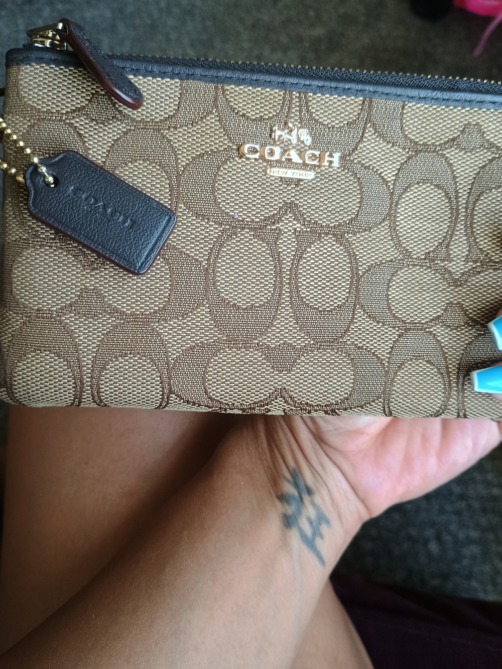 Coach Khaki/Brown Signature Zip Pouch with Gold Logo